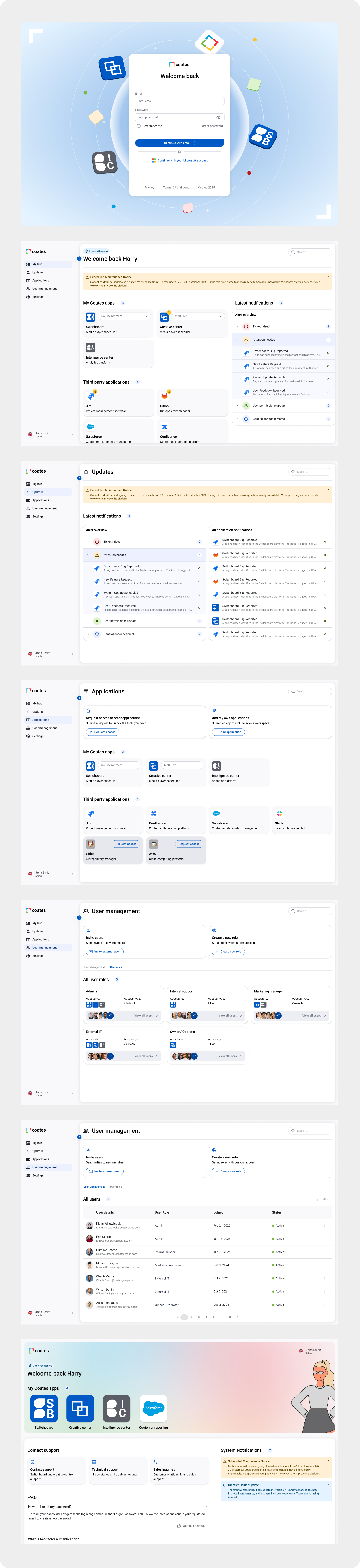UI explorations across login, dashboard, notifications, apps, user management, and support