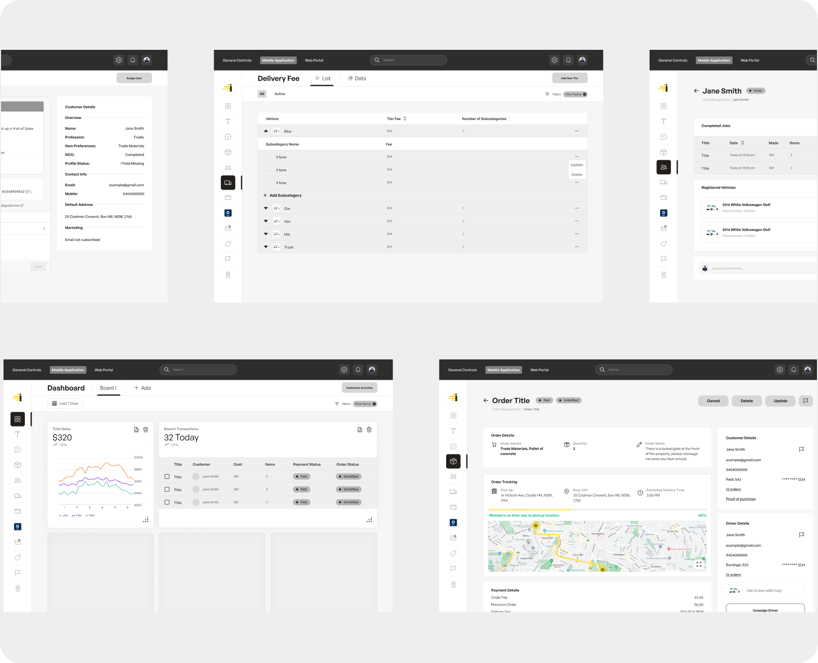 iDlvr web dashboards for delivery fees, driver profiles, orders, and analytics
