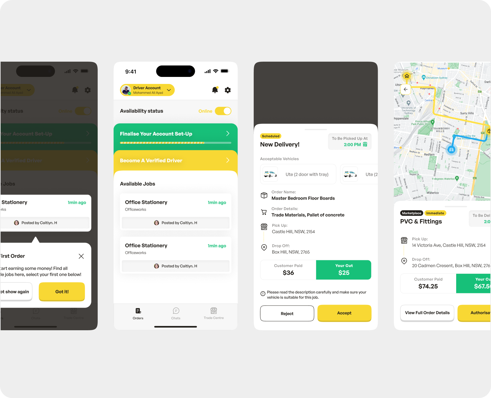 Driver app: jobs list, new delivery offer, map route, and onboarding prompts