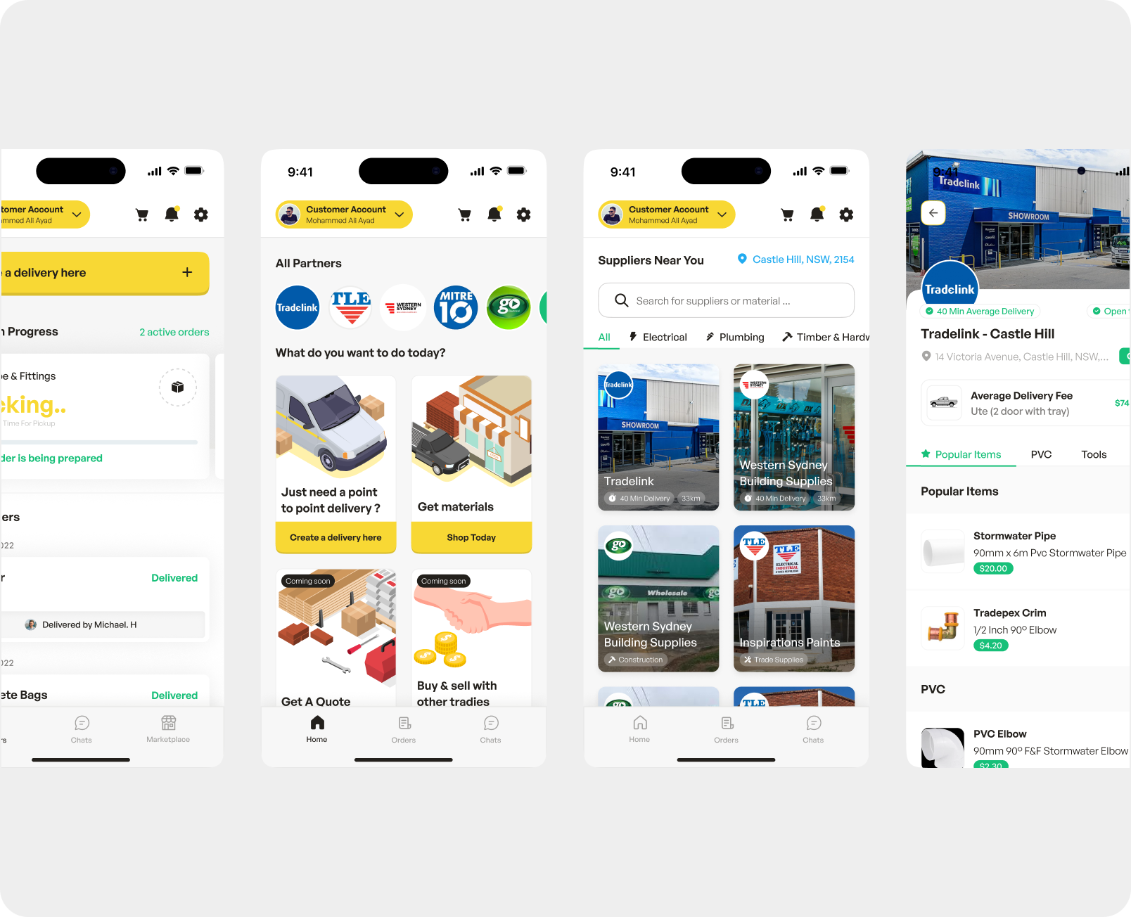 Customer app: order progress, home actions, suppliers near you, and product listings