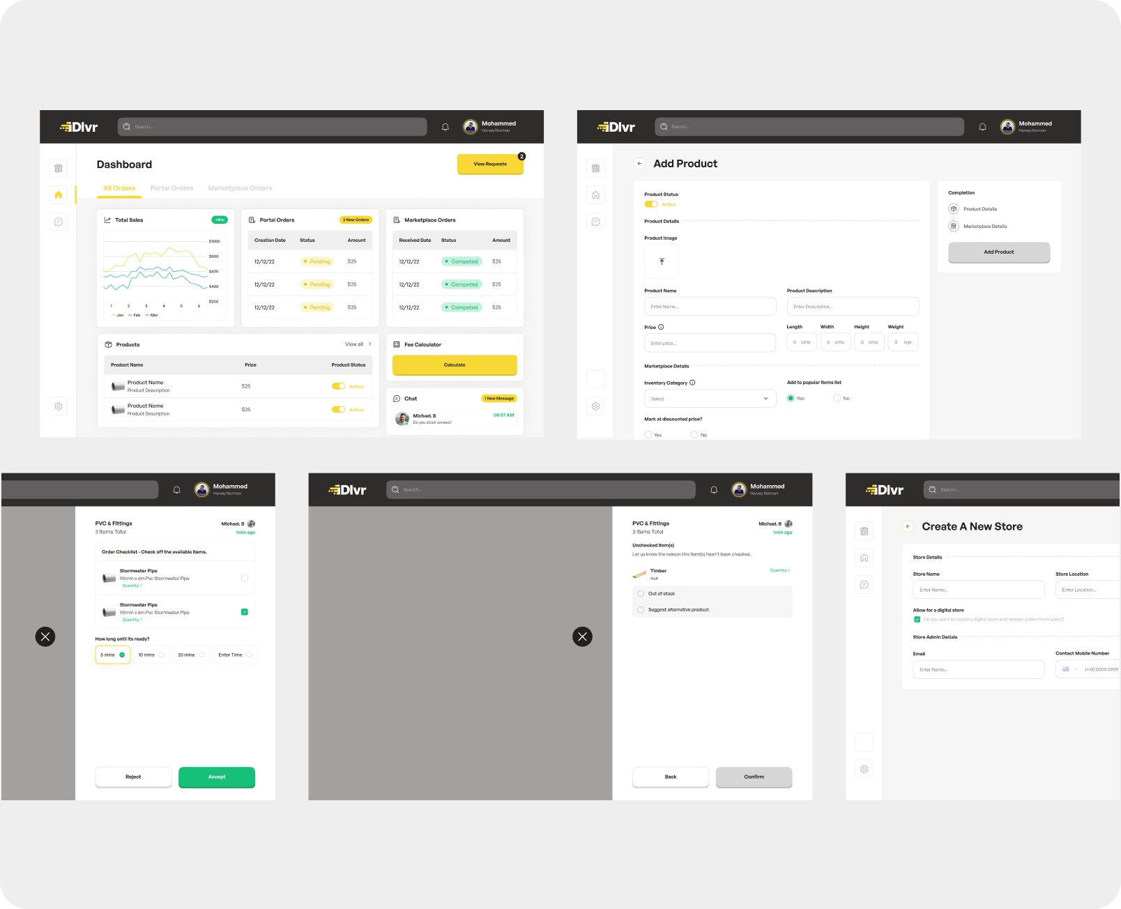 Supplier web portal: dashboard analytics, add product, orders, and store setup