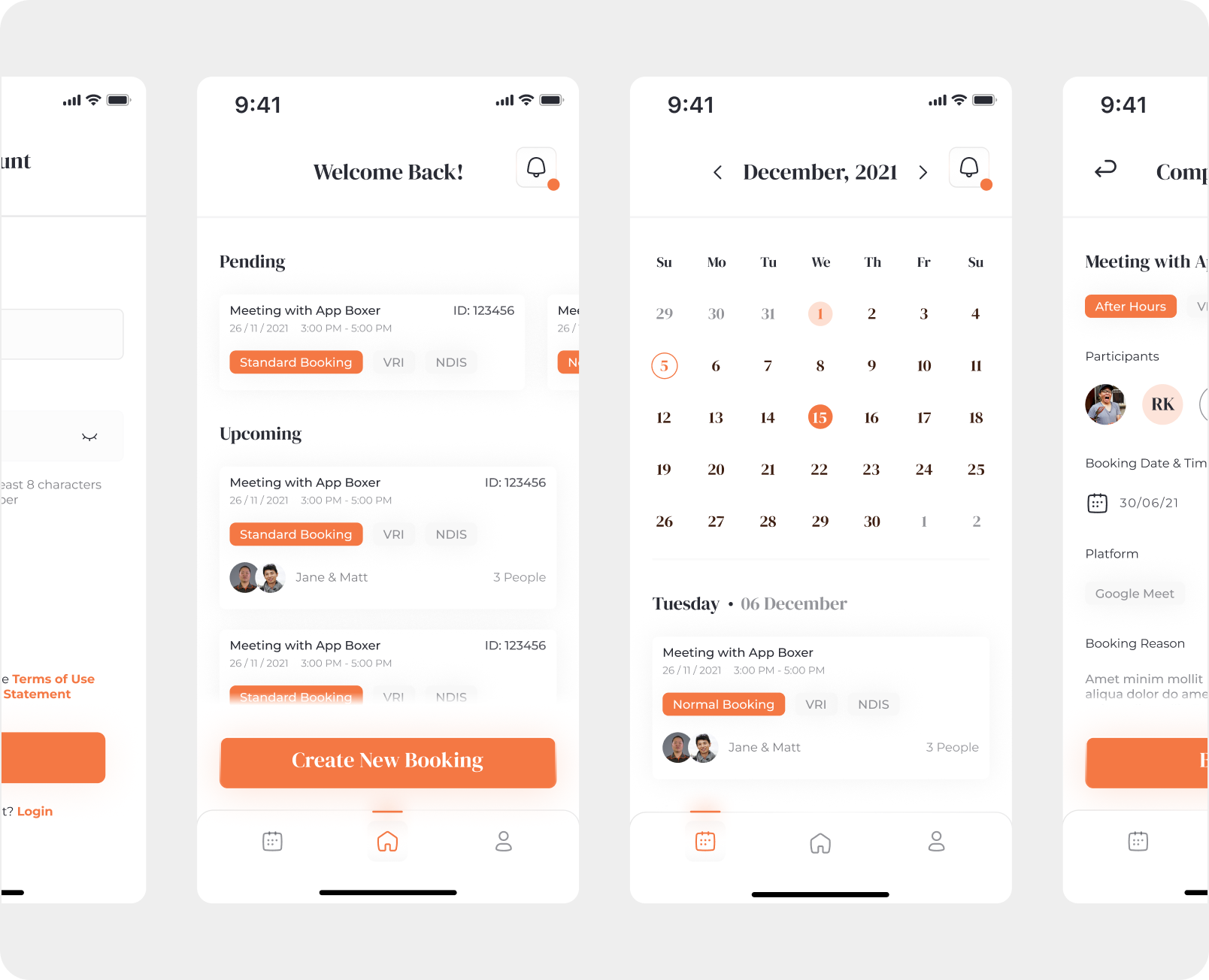 Mobile app screens for creating bookings, home dashboard, calendar, and completed booking details