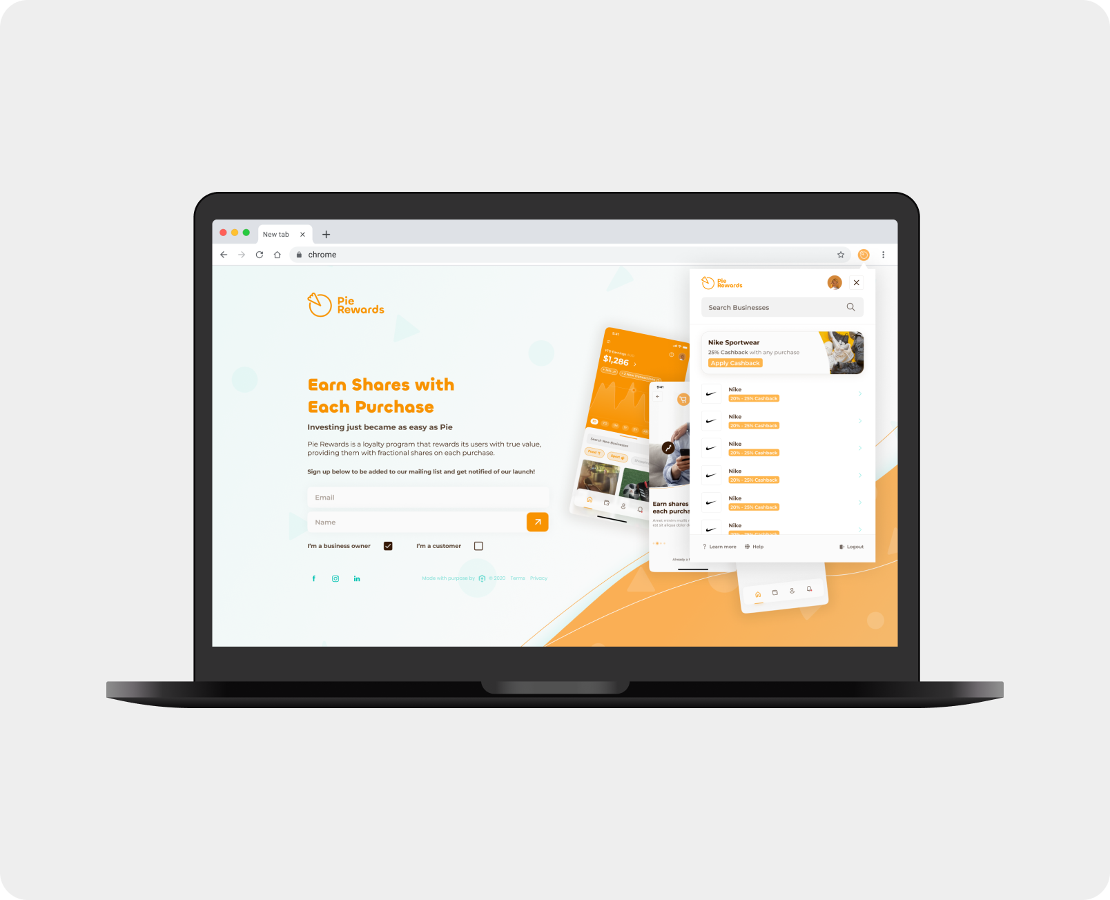 Pie Rewards product screens in a laptop mockup