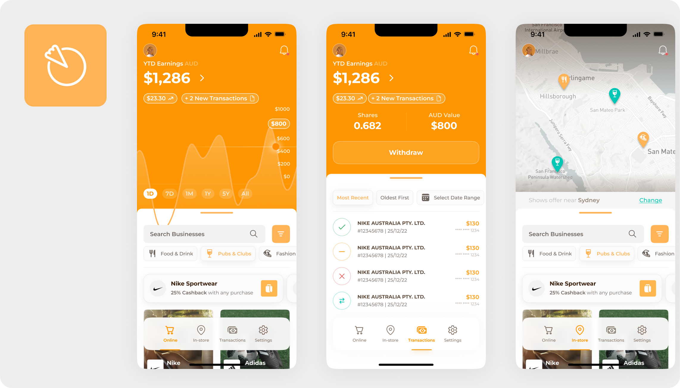 Pie Rewards mobile experience showing earnings, offers, map, and transactions